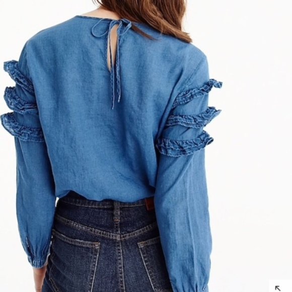 J Crew Ruffle Chambray Tiered Peasant Top BluBoho - Picture 5 of 12
